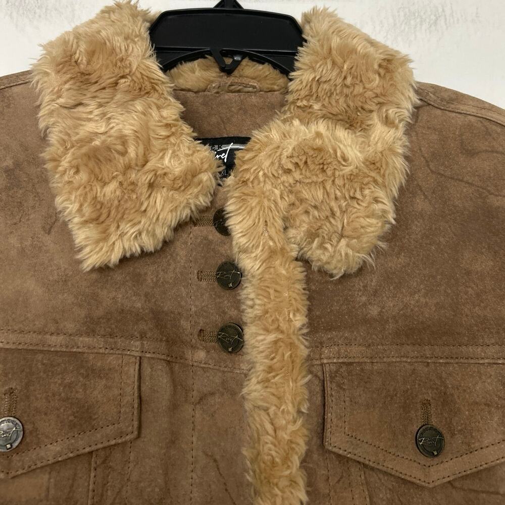 Black Rivet Brown Suede Leather Jacket Quilted Lined Sherpa Western Trucker XL - Picture 7 of 16